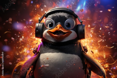Penguin wearing VR headset, surreal worlds and colorful. background Generative AI
