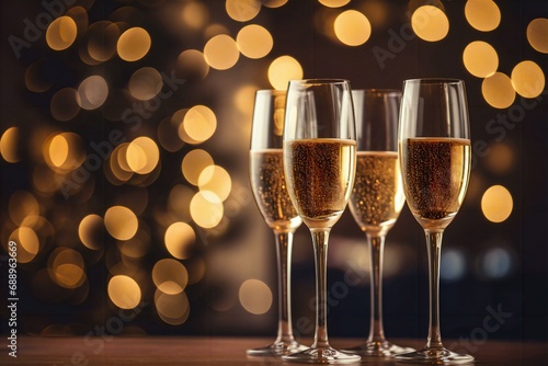 glasses of champagne on a wooden table with festive background, champagne glasses with celebration background, champagne glasses, copy space, christmas, party, new year, celebration, bokeh, lights