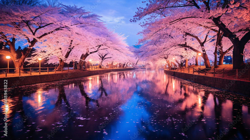 夜桜の風景、満開の桜の花が咲く夜景