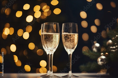glasses of champagne on a wooden table with festive background, champagne glasses with celebration background, champagne glasses, copy space, christmas, party, new year, celebration, bokeh, lights