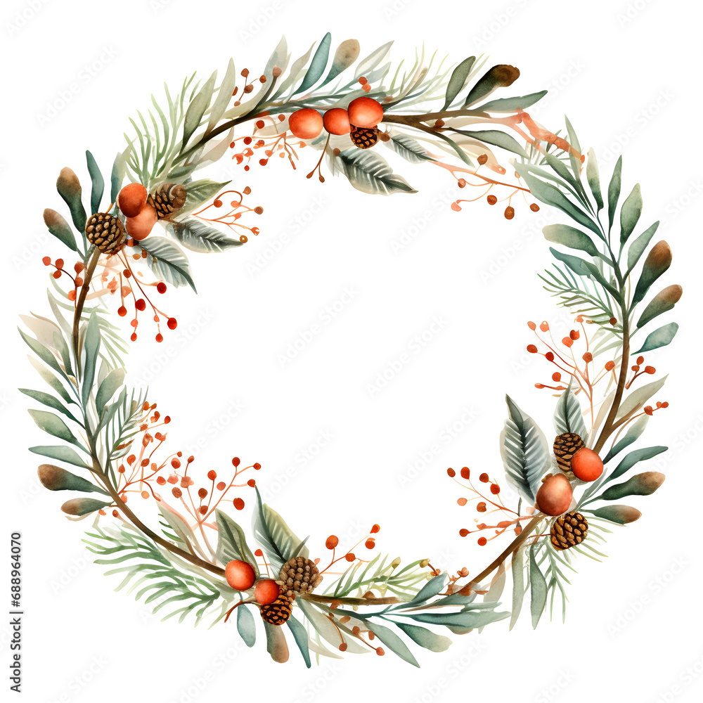 Watercolored Christmas wreath isolated on white background