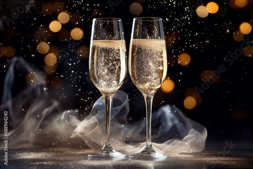 champagne glasses on dark bokeh background with space for text, champagne glasses on dark background, champagne glasses, copy space, christmas, new year, party, celebration, bokeh, dark, background