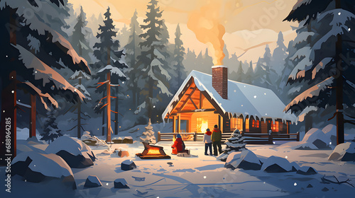 Illustration of a wooden hut in a snow-covered forest in winter. A family in front of the hut around a campfire. photo