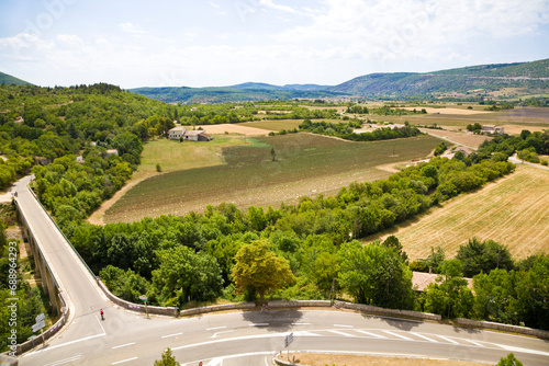 Aerial views of farms and lavender fields in Provence, near Sault, France.