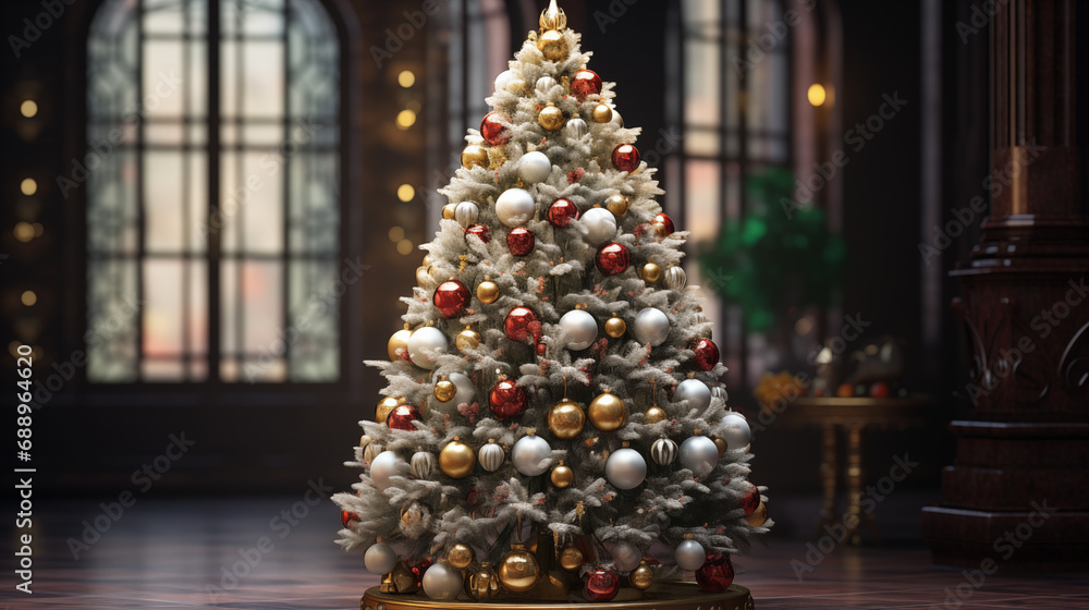 A beautiful silver Christmas tree stands in a large antique living room with large windows