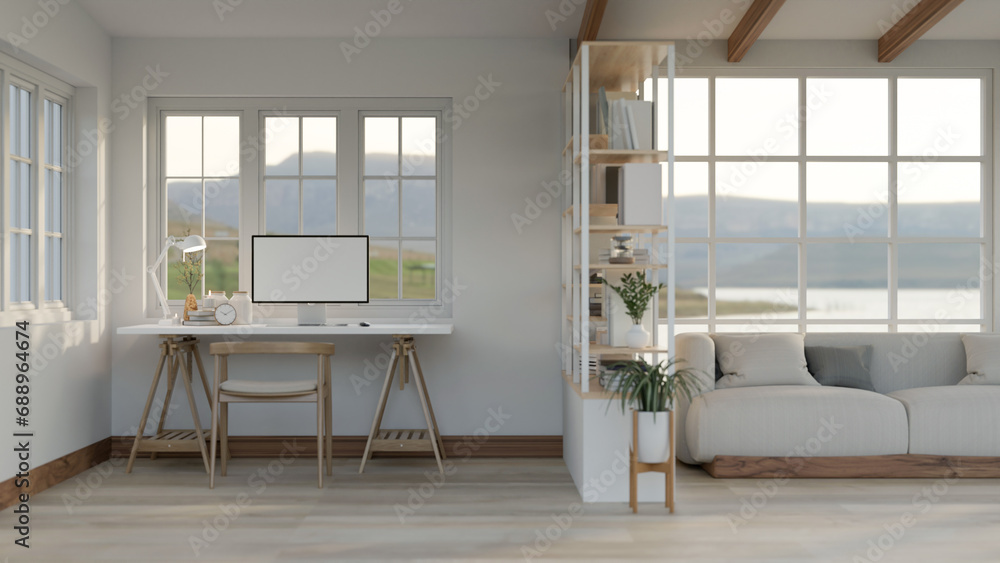 Minimal comfortable living room with table and mock up desktop computer with modern sofa. Minimal comfortable living room with table and mock up desktop computer with modern sofa.