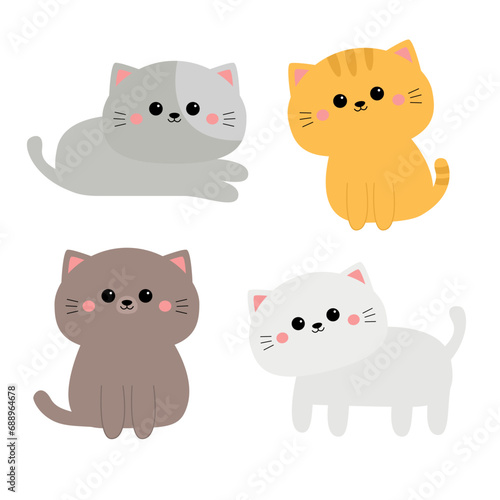 Cat set. Kitten, kitty. Different breeds, colors poses. Cute face, paw print. Cartoon kawaii funny baby character. Kids collection. Sticker print. Flat design. White background Isolated.