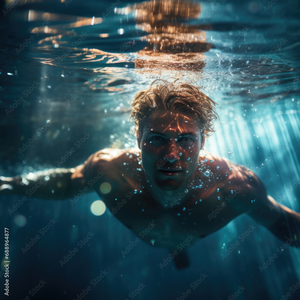 Fototapeta premium Underwater portrait of man at swimming pool