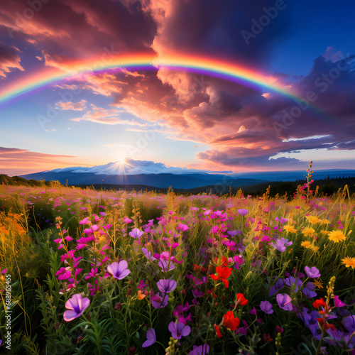 A vibrant rainbow over a field of wildflowers.