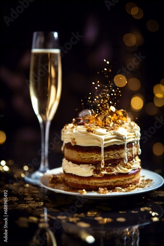 Champagne glass and cream cake on bokeh background, Champagne glass and cream cake on celebration background, champagne and cream cake celebration, copy space, new year, party, confetti, celebration