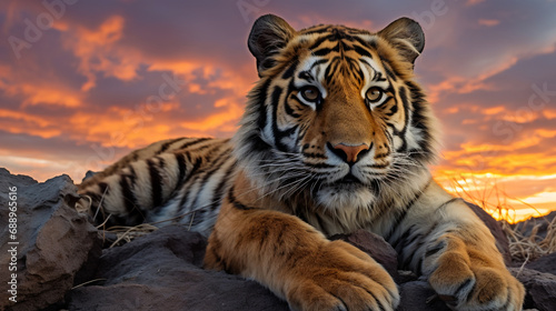 Tiger on the rock with beautiful sky at sunset time, AI Generative.