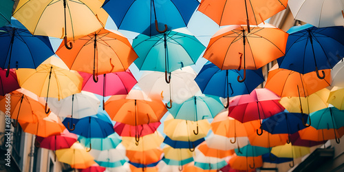 A variety of open umbrellas dangle presenting a colorful spectacle Dangling Umbrella Spectacle photo