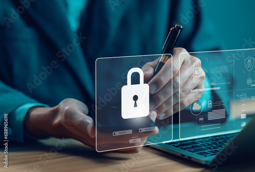 Fototapeta Naklejka Na Ścianę i Meble -  lock mark, cybersecurity internet. concept protect attacks from a hacker, crime, and viruses cyber. information technology digital, secure data. password security and privacy on an online system