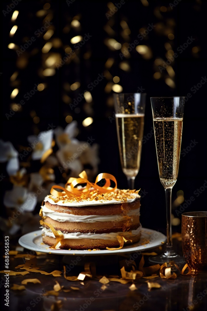 two champagne glasses and cream cake on bokeh background, Champagne glasses and cream cake on celebration background, champagne and cream cake celebration, copy space, new year, party, celebration two champagne glasses and cream cake on bokeh background, Champagne glasses and cream cake on celebration background, champagne and cream cake celebration, copy space, new year, party, celebration