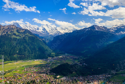 Breathtaking aerial view of Interlaken and Swiss Alps from Harder Kulm viewpoint, Switzerland