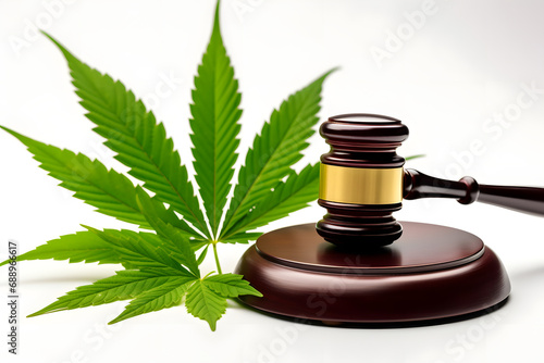 Judge gavel with hemp leaves, legalization of cannabis