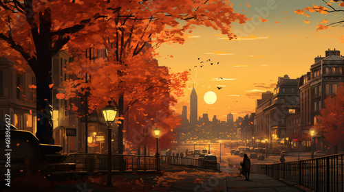 A cityscape at golden hour surrounded by autumnal foliage. Generative ai