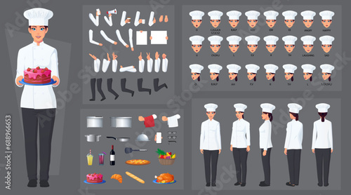 Female Chef, Cook Character Creation and Animation Pack, Woman Wearing white Apron and Hat, with Kitchen Utensils, Mouth Animation and Lip Sync photo