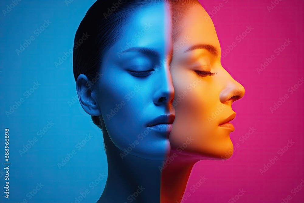 Two personalities of a person. Multiple personality disorder. Disassociation. Bipolar disorder. Psychiatry. Mental disorder studies. Emotional illness. Doubt. Anatomy. Profile. Brain. Health Two personalities of a person. Multiple personality disorder. Disassociation. Bipolar disorder. Psychiatry. Mental disorder studies. Emotional illness. Doubt. Anatomy. Profile. Brain. Health