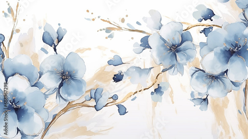 Luxurious golden wallpaper. Banner with flowers watercolor . 
