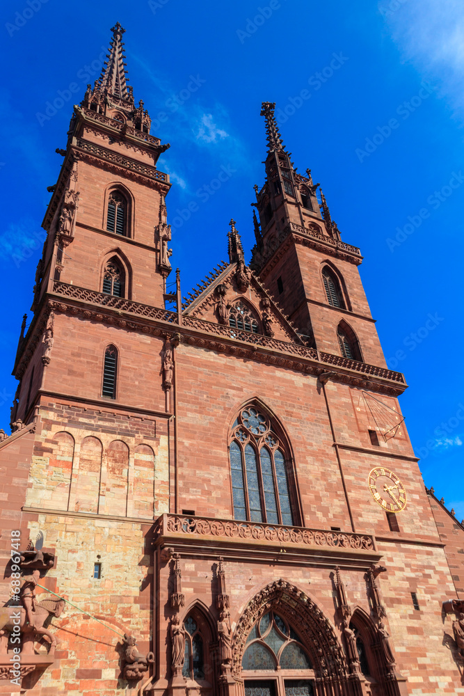 Facade of Basel Minster cathedral in Switzerland