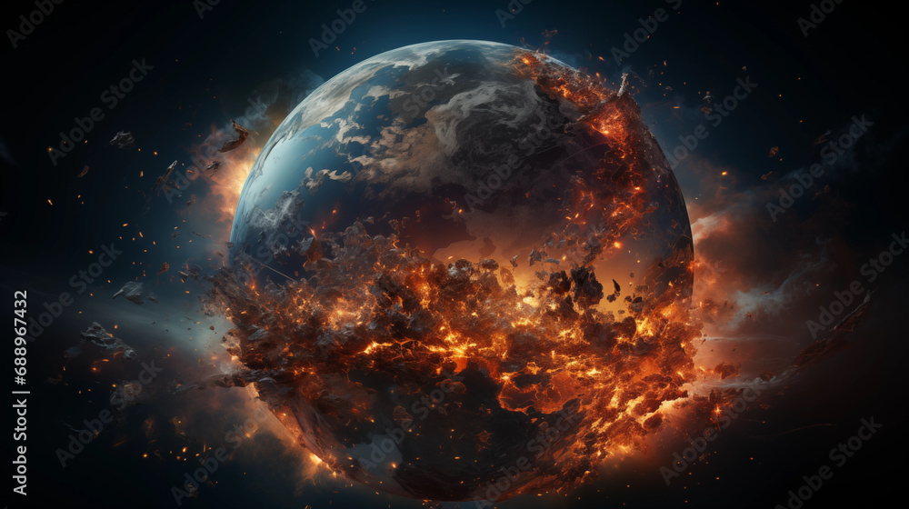 The globe is on fire, global catastrophe, explosion of the earth, end of the world. Generative AI. - obrazy, fototapety, plakaty 