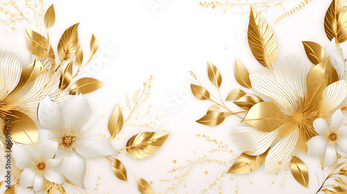 Luxurious golden leaves wallpaper in white background with golden plant.