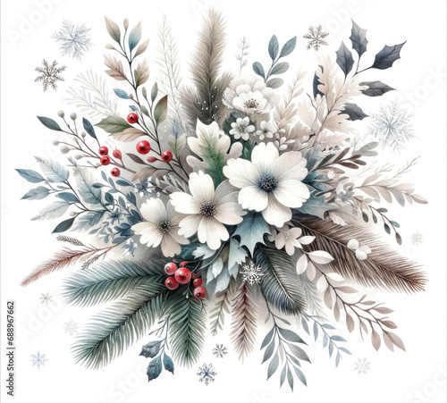 Winter bouquet with poppies, holly, fir branches, berries and snowflakes. Generative ai.