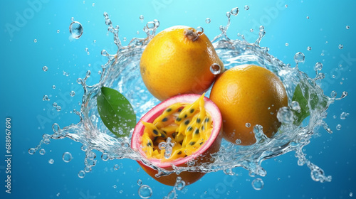 passionfruit dropped on the blue water with water splash. Generative AI
