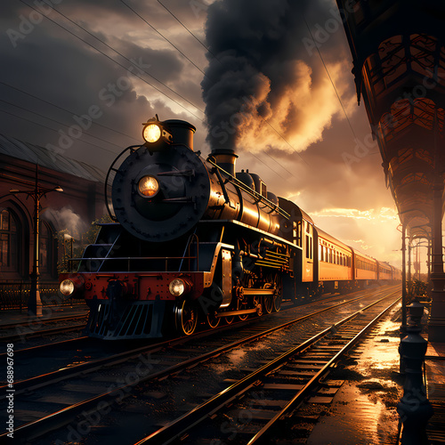 A vintage train station with steam billowing from the locomotive