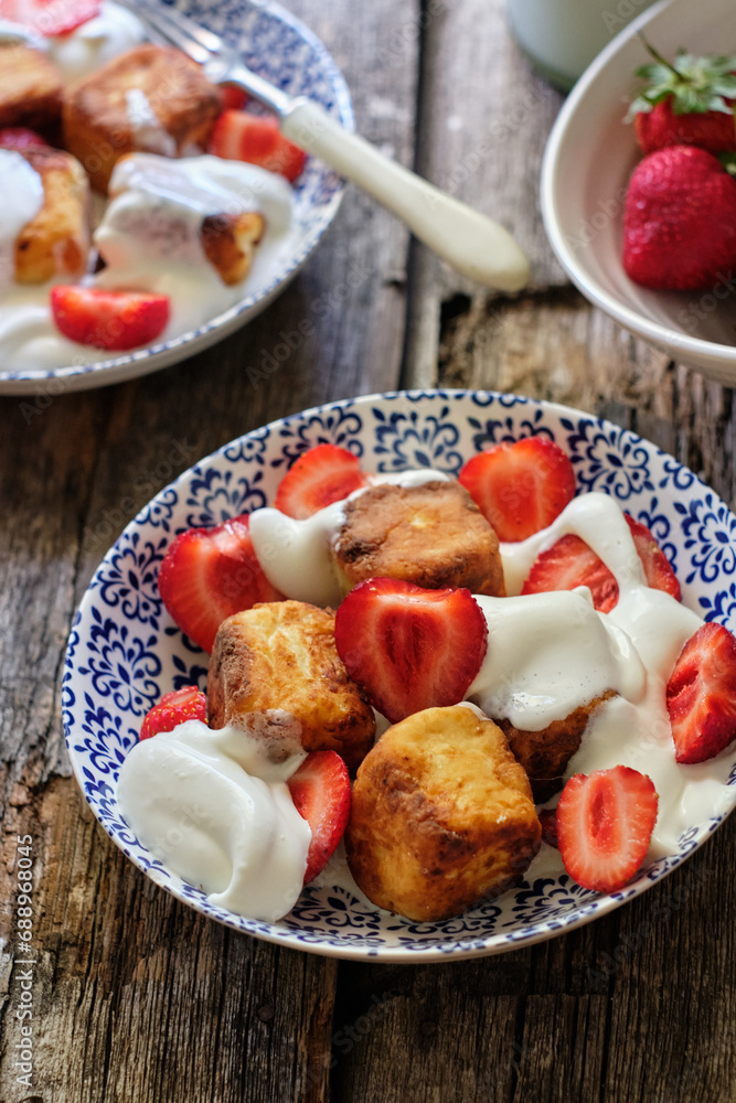 square syrniki with cream and strawberries square syrniki with cream and strawberries