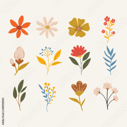 Clipart of wildflowers on light background. Abstract set of branches with flowers and leaves. Plants for decoration. Meadow flowers vector. Summer floral collection.