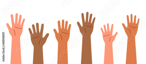 Set of arms raised up, isolated on a white background. Concept of struggle for rights. Concept of multinationality. 