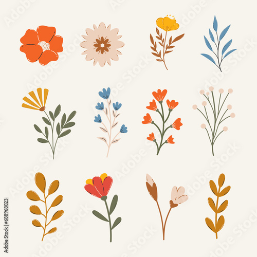 Clipart of wildflowers on light background. Abstract set of branches with flowers and leaves. Plants for decoration. Meadow flowers vector. Summer floral collection.