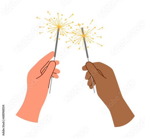 Sparklers in human hands on white background. Hands holding burning sparklers. Holiday concept.	