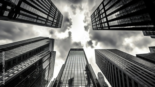A black and white image of office buildings rising majestically against a cloudy sky  emphasizing their monumental presence