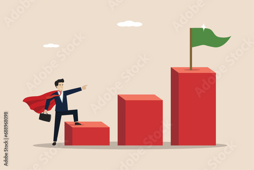 Business achievement, target success or career growth concept, super hero entrepreneur ambitious towards the point of success.