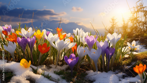 Early spring crocuses emerge through snow, bathed in warm sunlight. These vibrant purple and white flowers symbolize rebirth and new beginnings. photo