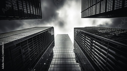 A black and white image of office buildings rising majestically against a cloudy sky  emphasizing their monumental presence