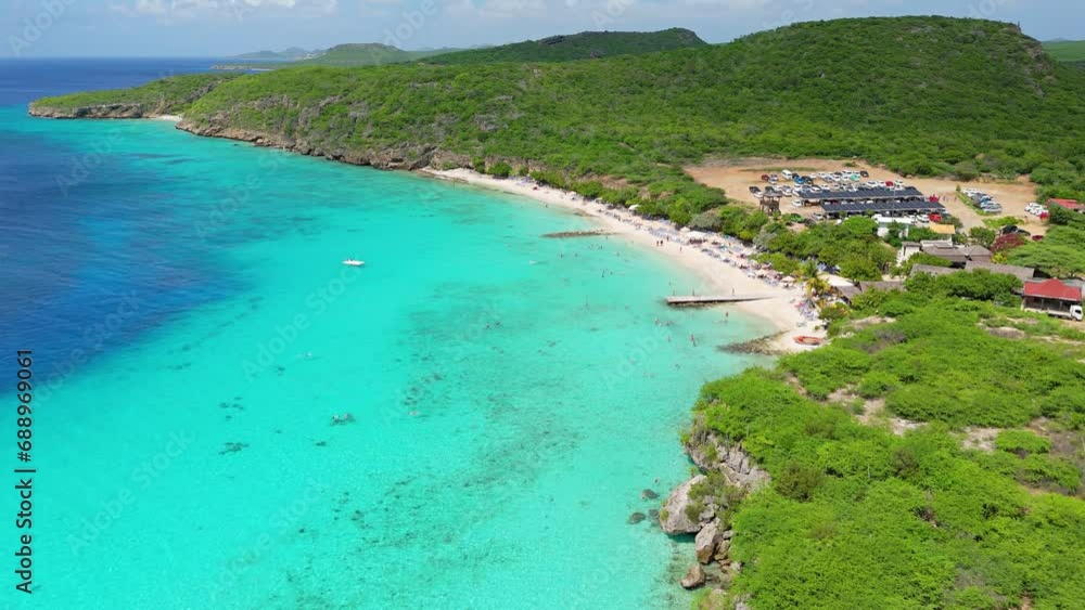 Aerial pullback above Playa Porto Mari on beautiful day in Caribbean island of Curacao Aerial pullback above Playa Porto Mari on beautiful day in Caribbean island of Curacao