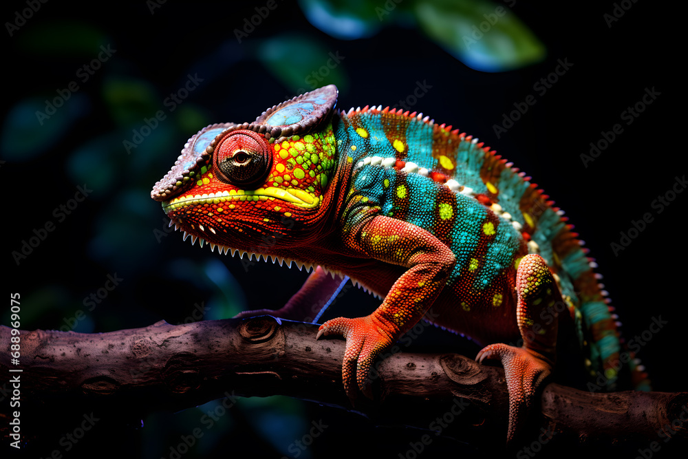 Obraz premium Close up of Colorful chameleon on a branch isolated in the dark background, Beautiful animal in nature, Hyperrealistic