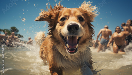 Cute happy dog having fun in the water on a sunny day,Generative AI © 은호 이