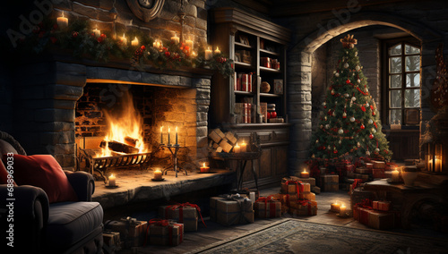 Cozy living room with fireplace and Christmas tree. 3d rendering,Generative AI