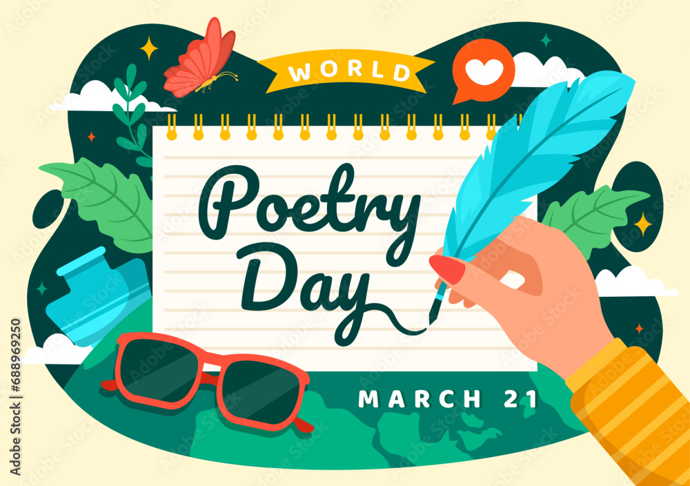 World Poetry Day Vector Illustration on March 21 with a Quill, Ink, Paper, Typewriter and Book to Writing in Literature Flat Cartoon Background World Poetry Day Vector Illustration on March 21 with a Quill, Ink, Paper, Typewriter and Book to Writing in Literature Flat Cartoon Background