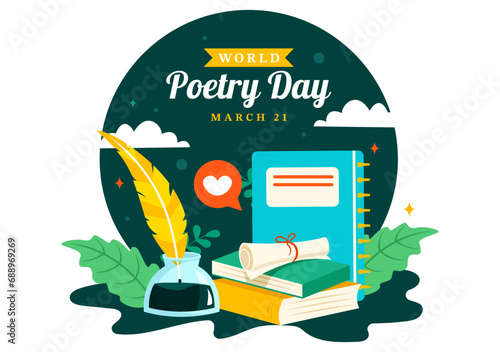 World Poetry Day Vector Illustration on March 21 with a Quill, Ink, Paper, Typewriter and Book to Writing in Literature Flat Cartoon Background photo
