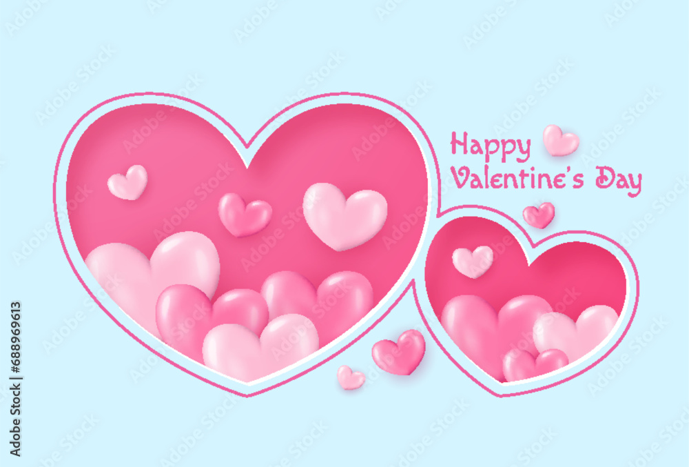 Festive Card for Happy Valentine's Day. Background with Realistic Hearts, confetti. Vector Illustration