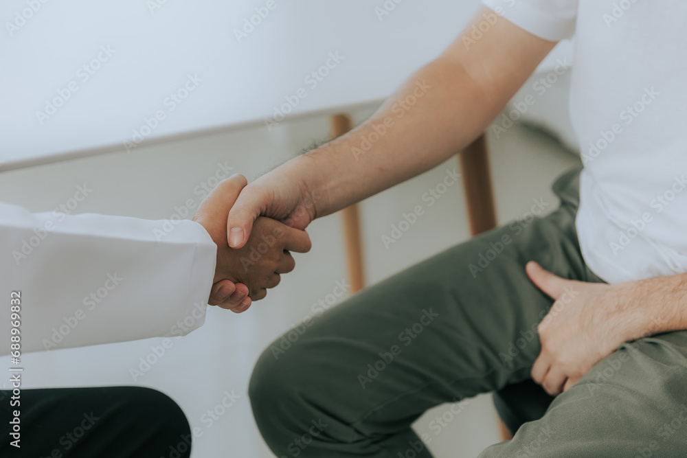 Obraz premium A doctor is counseling a young male patient about prostate cancer and venereal disease, including male sexual dysfunction. Prostate cancer concept
