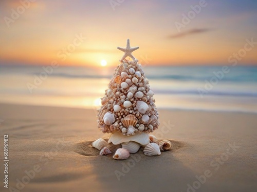 Small seashell christmas tree on the beach with sunset background and copy space