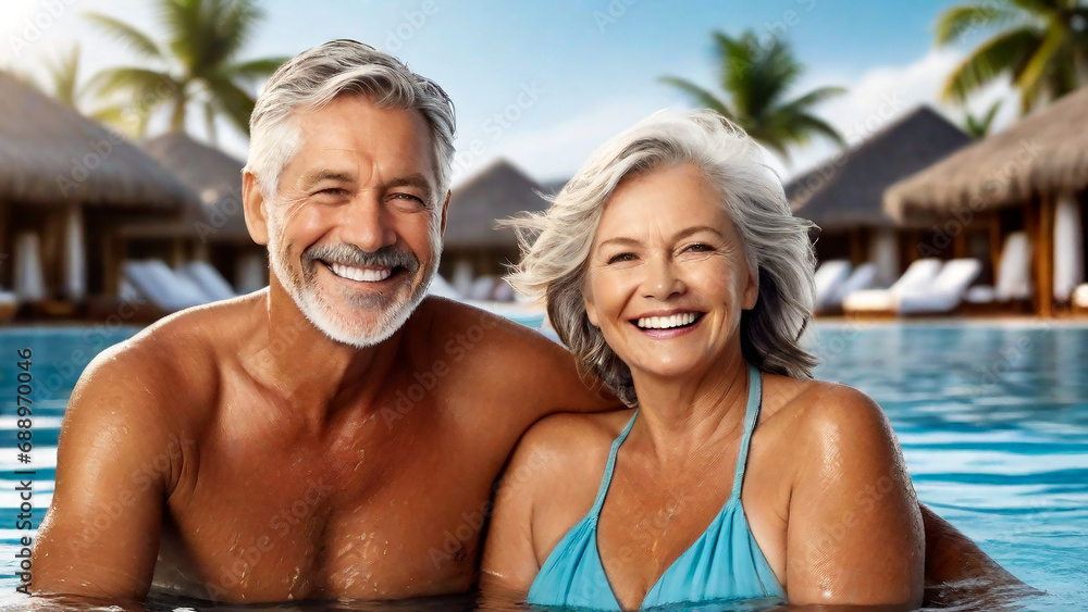 Loving senior couple swimming in a pool in a luxury beach resort, displaying joy, embodying a healthy, retired lifestyle Loving senior couple swimming in a pool in a luxury beach resort, displaying joy, embodying a healthy, retired lifestyle