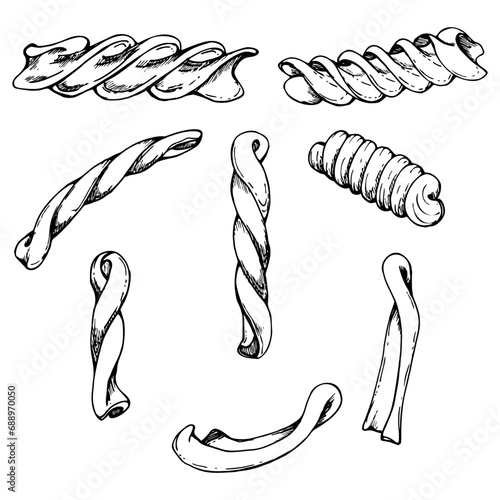 Hand drawn vector ink illustration. Pasta Italian cuisine gemelli casarecce fusilli rotini,. Set of single object elements isolated on white. For restaurant, menu, food shop and package, flyer, print.